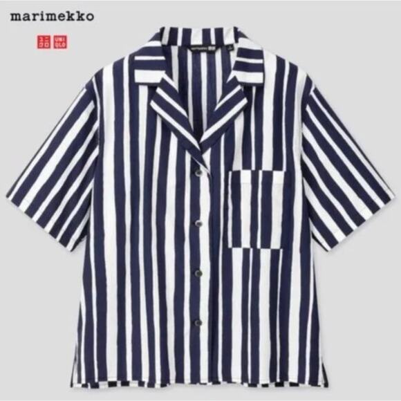 MARIMEKKO FOR UNIQLO 100% Cotton Boxy Bold Blue White Stripe Short Slv Shirt M - Picture 1 of 5